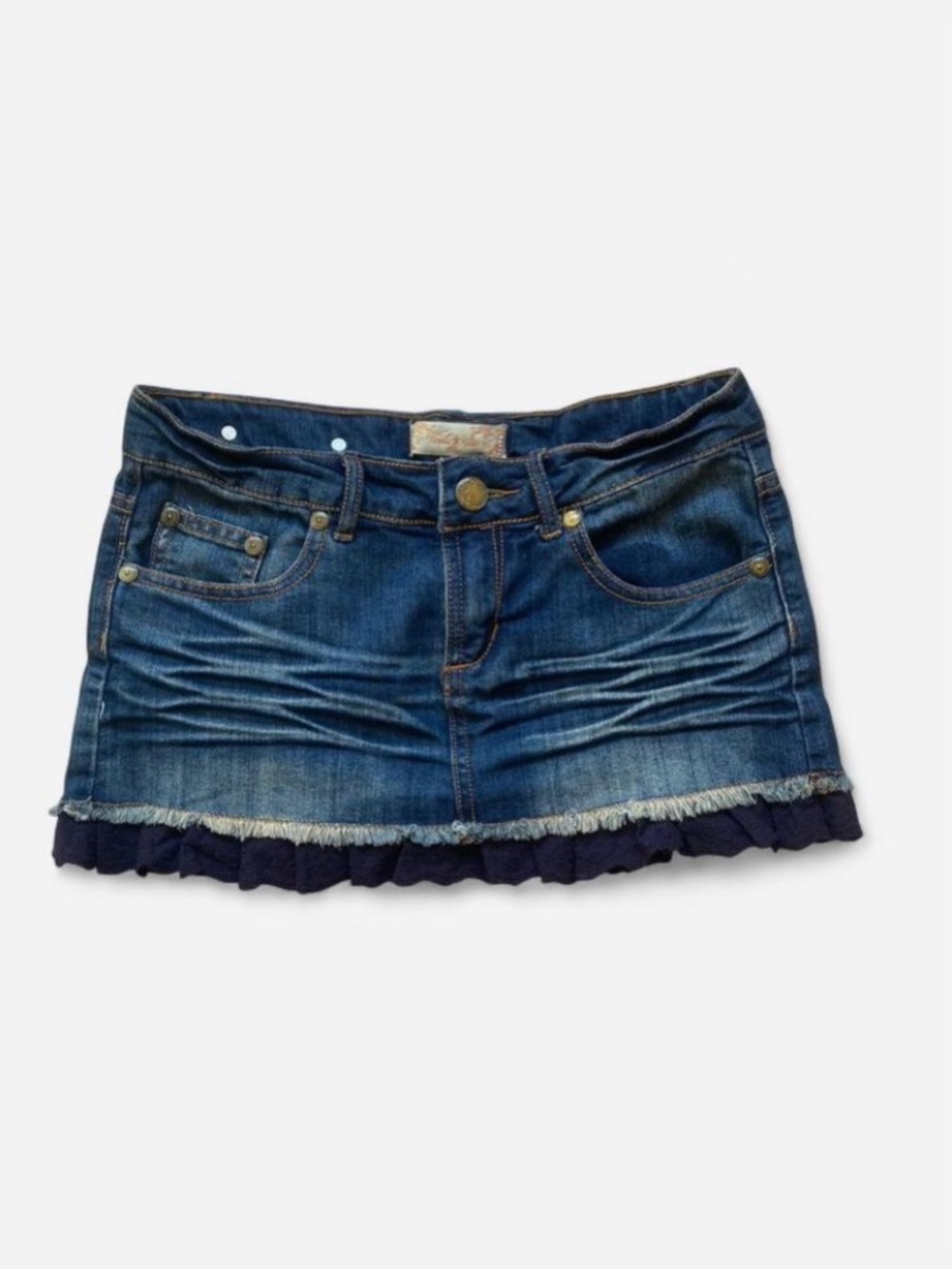 Y2k Vanilla Star Denim Micro Mini Skirt with Navy Lace Ruffled Trim